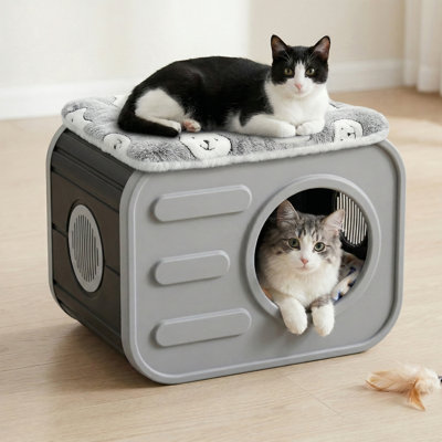 Outdoor Cat House Weatherproof With Cushion, Camera-shaped Resin Cat Shelter For Indoor Outdoor Use, Grey