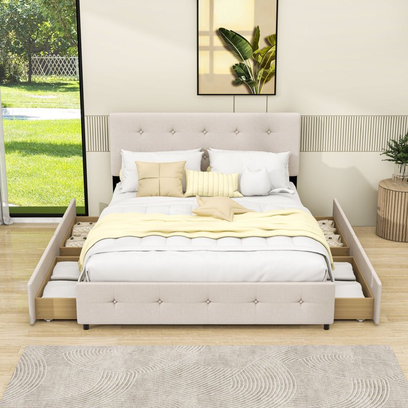 Grand lit plateforme tapissier avec tiroirs de rangement, Beige