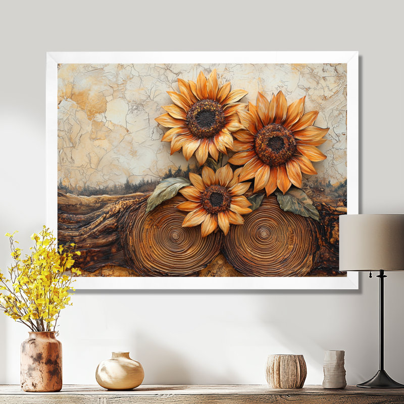 Doua tournesols paysage sur un sommet de rivière en bois I - tournesols, art mural, H 30 po x l 40 po, Blanc