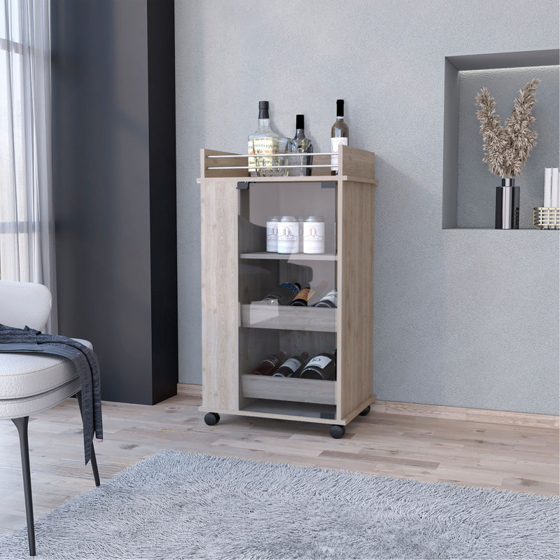 Chariot-bar avec roulettes, porte en verre et tablette à 2 côtés, Grey