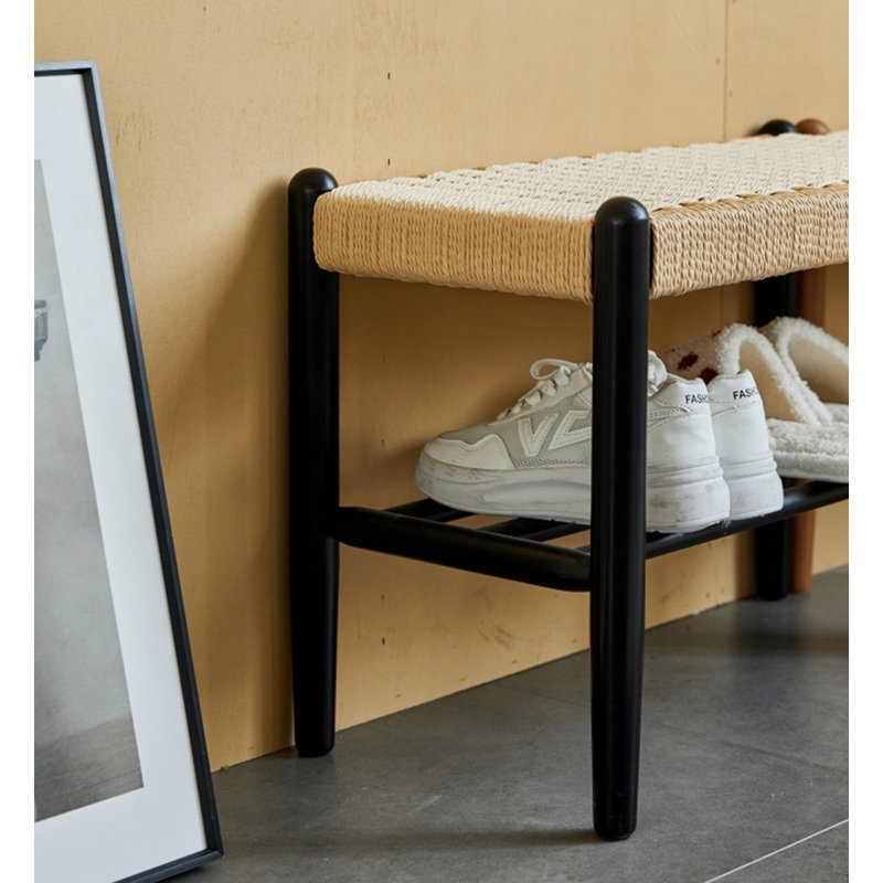 Banc à chaussures scandinave en bois massif tissé à corde, Chêne / noir