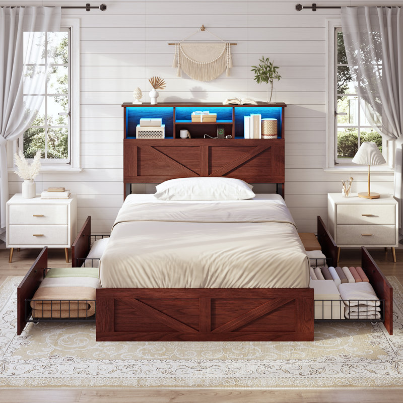 Farmhouse Wood Bed Frame with Bookcase Storage Headboard, 5 Drawers & LED Lights, Grey Wooden Platform Bed with Charging Station, Barn Door Design, No Box Spring Needed