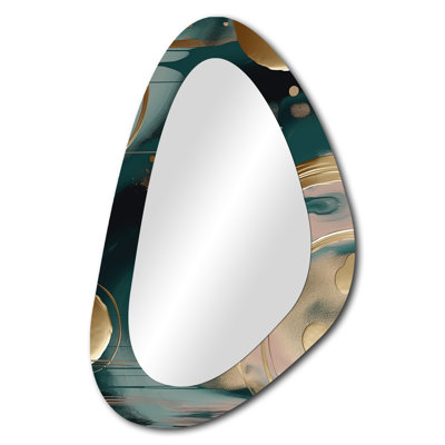 L'harmonie de marbre abstraite dorée et verte Otselic tourbillonne II - miroir décoratif asymétrique en marbre, grand miroir mural de forme unique moderne, impression d'art en métal