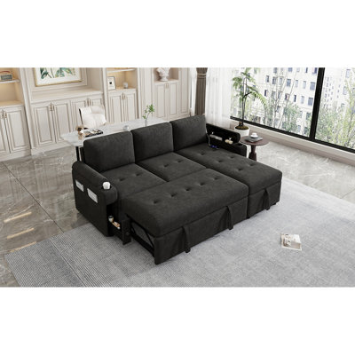 Canapé modulaire en L avec lit et rangement, porte-gobelets et hublots, nombreux canapés noirs, housse en chenille à piquants, style