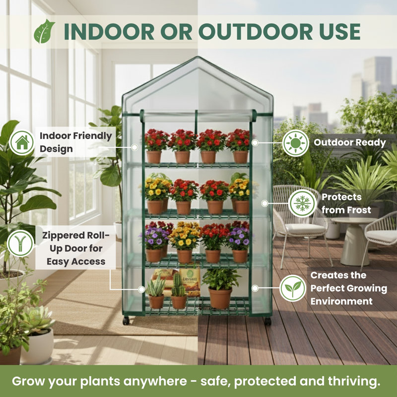 4 Tier Mini Greenhouse - Portable Greenhouse with Locking Wheels and PVC Cover for Indoor or Outdoor - 27 x 19 x 63-Inch Green House by Home-Complete