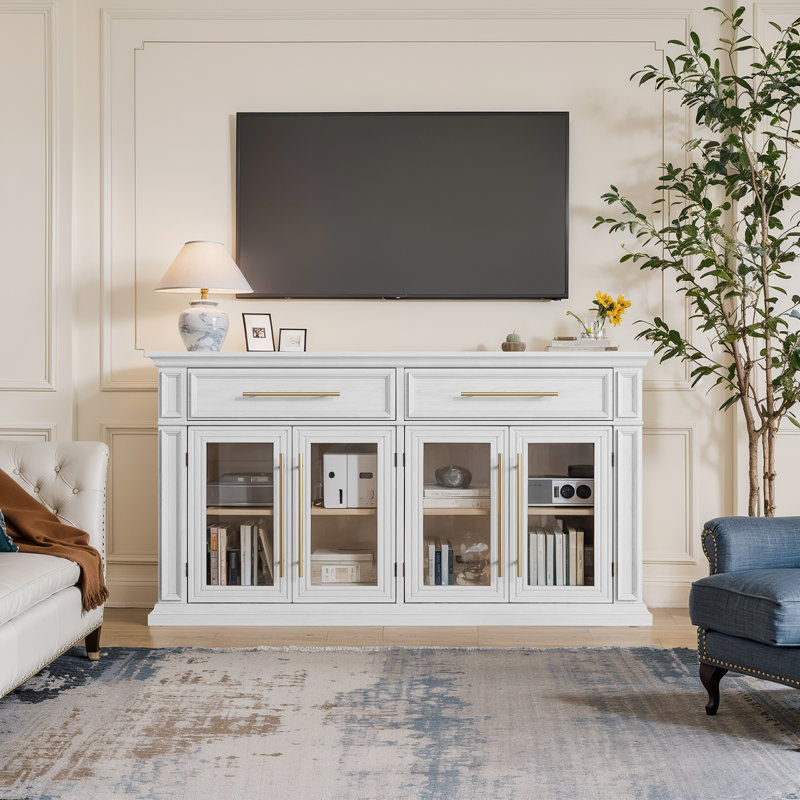  63" Wide 2 Drawer Sideboard Buffet, Farmhouse 4 Doors Credenza Storage Cabinets With Adjustable Shelves,White, White