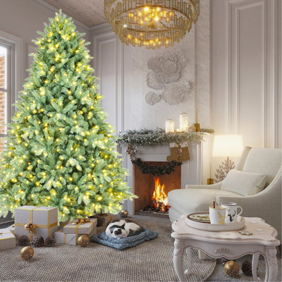 Arbre de Noël 7,5 pi avec 800 lumières à DEL blanc chaud et teintes bleues-vertes 7,5 pi - 2908 pointes PE + PVC, branches articulées pour une installation facile, support en métal robuste, décoration de Noël unique
