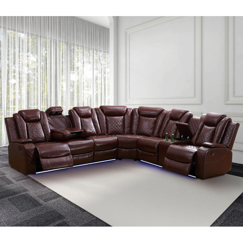 Shamla 3-Piece Faux Leather Power Reclining Theater Sectional with LED Lighting and USB Ports, Red