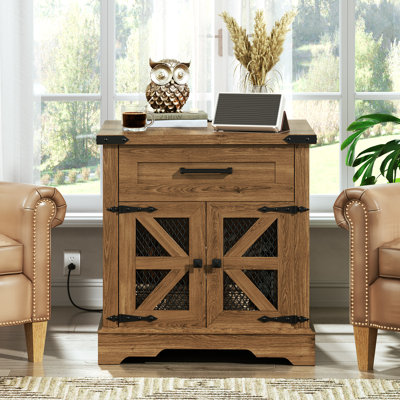  23.6"W Farmhouse End Table with Storage and Charging Station Square Wooden Nightstand Large Sofa Side Table Living Room