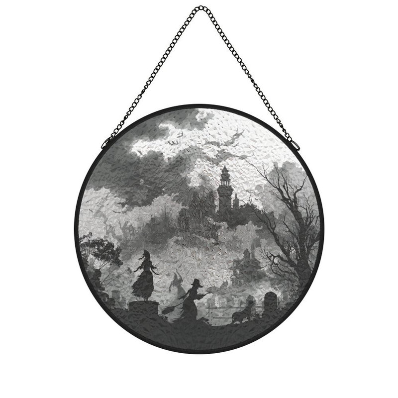 Panneau de vitrail Witches Flying Haunted Village, 11,8 x 11,8 po (30 x 30 cm)