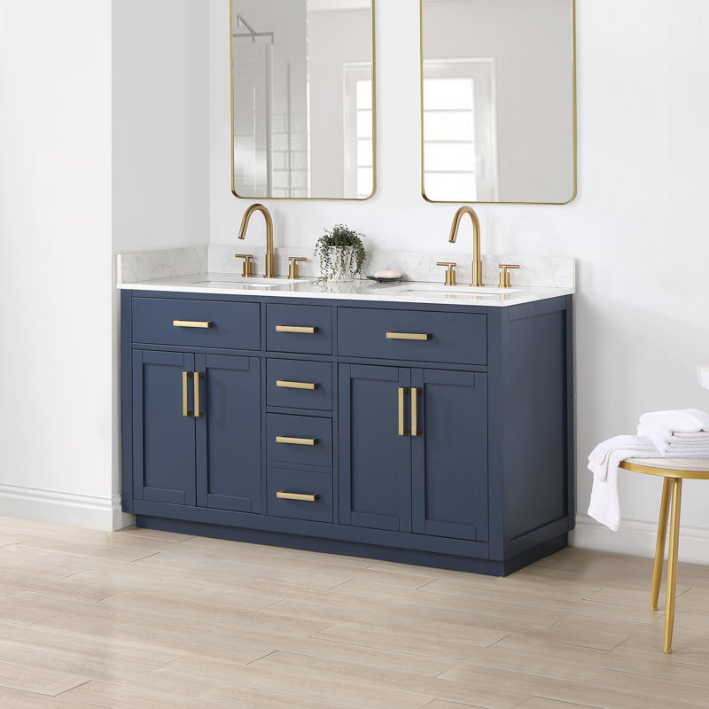 Ensemble de meuble-lavabo double 60 po Gavino, Bleu royal, Or