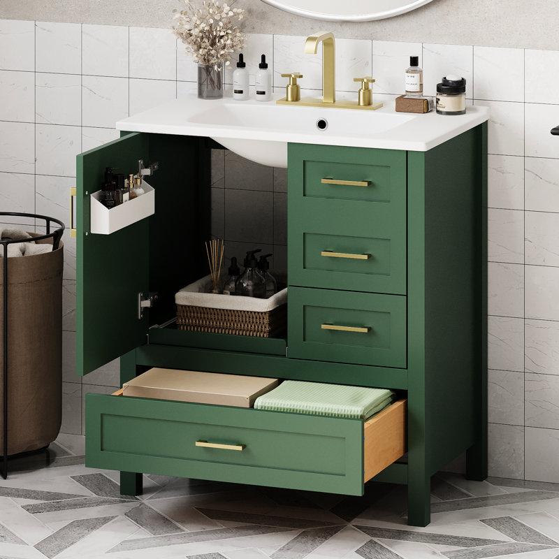 Meuble-lavabo de salle de bain avec lavabo en céramique, 30 po de largeur, bois massif et mécanisme de fermeture silencieuse, bois de rangement Decor Modern, 3 tiroirs, trou de débordement, look élégant