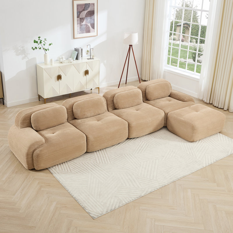 4-Seat L-Shaped Sofa In Corduroy Fabric With 32D High Resilience Foam, No Assembly Required., Tan