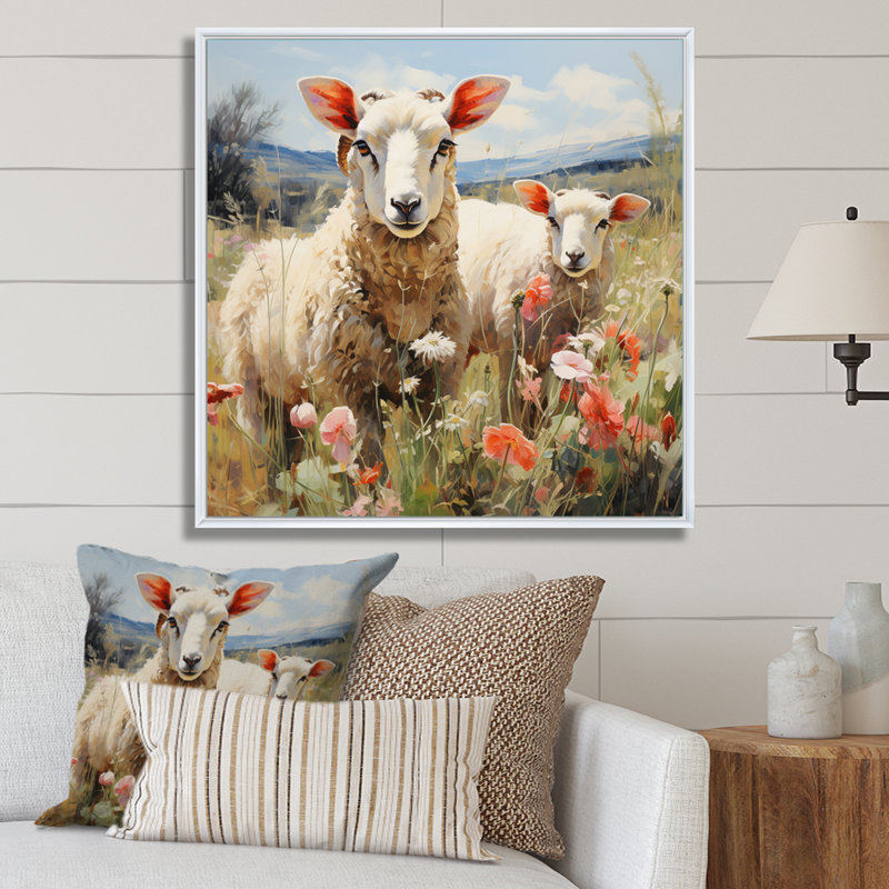 Troupeau de moutons moelleux I sur toile, H 16 po x l 16 po x P 1 po, Cadre flottant blanc