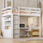 Lit mezzanine double en bois avec garde-robe, bureau, tablettes et tiroirs de rangement, peu encombrant, blanc