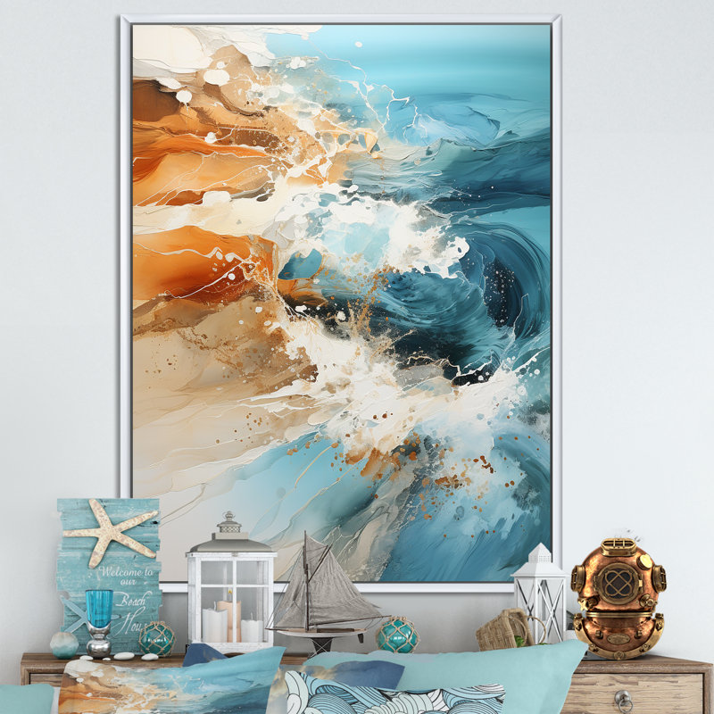 Teal Waves Fight sur impression sur toile, Cadre flottant blanc, H 32 po x l 24 po x P 1 po