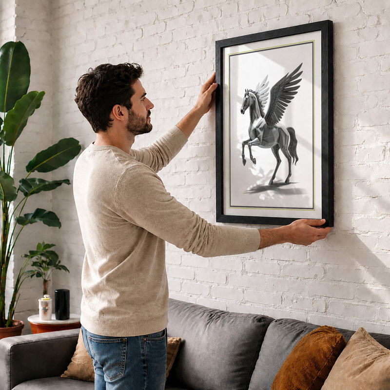 Pegasus in Flight Japandi - Framed Print, A1 - 84.1 x 59.4 cm, White