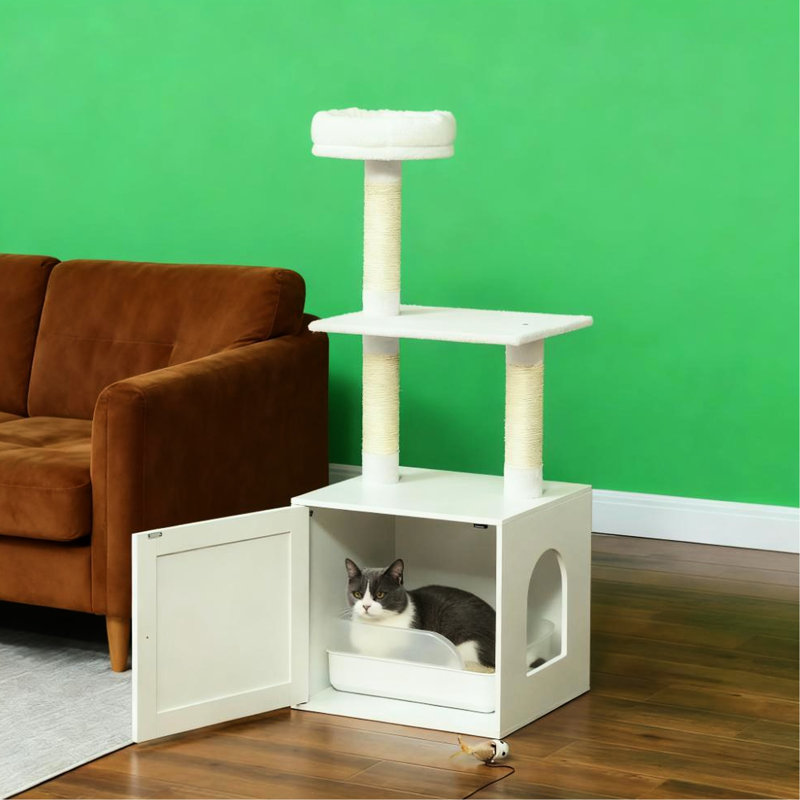 Arbre à chat avec bac à litière, blanc, espace, escalade à plusieurs niveaux, grattage, boîte blanche à assemblage unique, conception d'espace, plateformes, lit, poteaux, facile à assembler