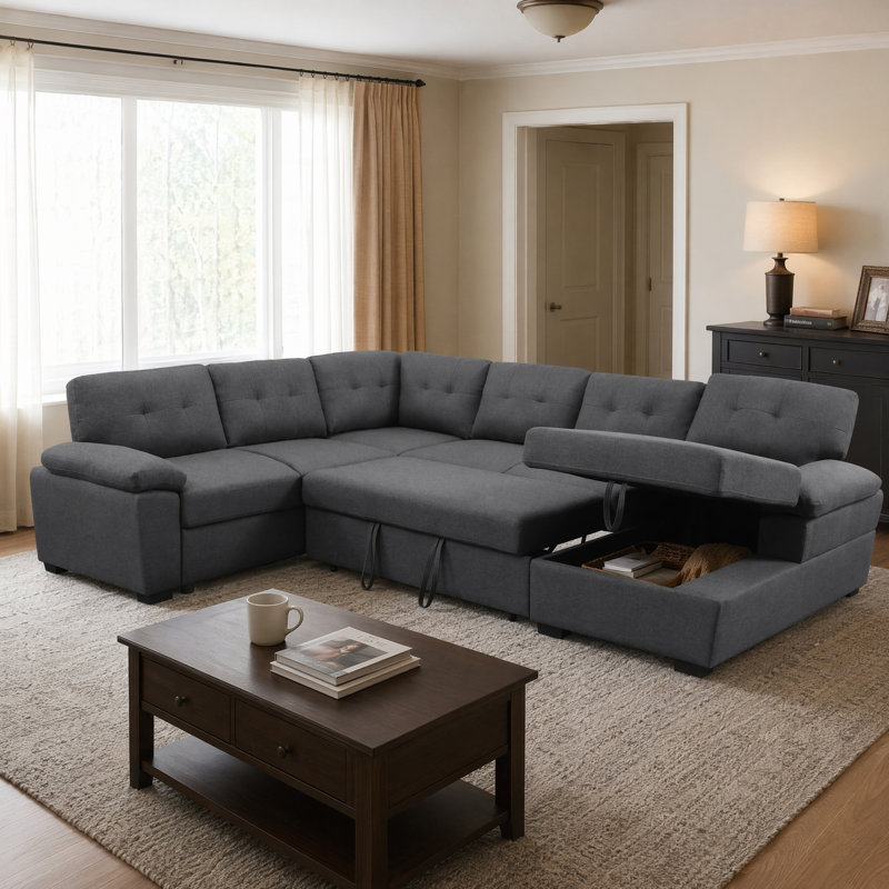 Upholstered Sectional Sleeper Sofa & Chaise, Dark Gray Polyester