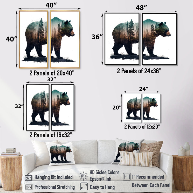 Double Exposure Of A Bear With Forest II - Animals Bear Wall Art 2 Pieces, 20" H x 24" W, Framed Print without Mat, White