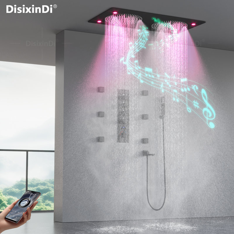 Ceiling Double Rain Music LED Shower Head with Handheld Spray Rainfall Shower System Set Rough-in Valve Included, Matte Black