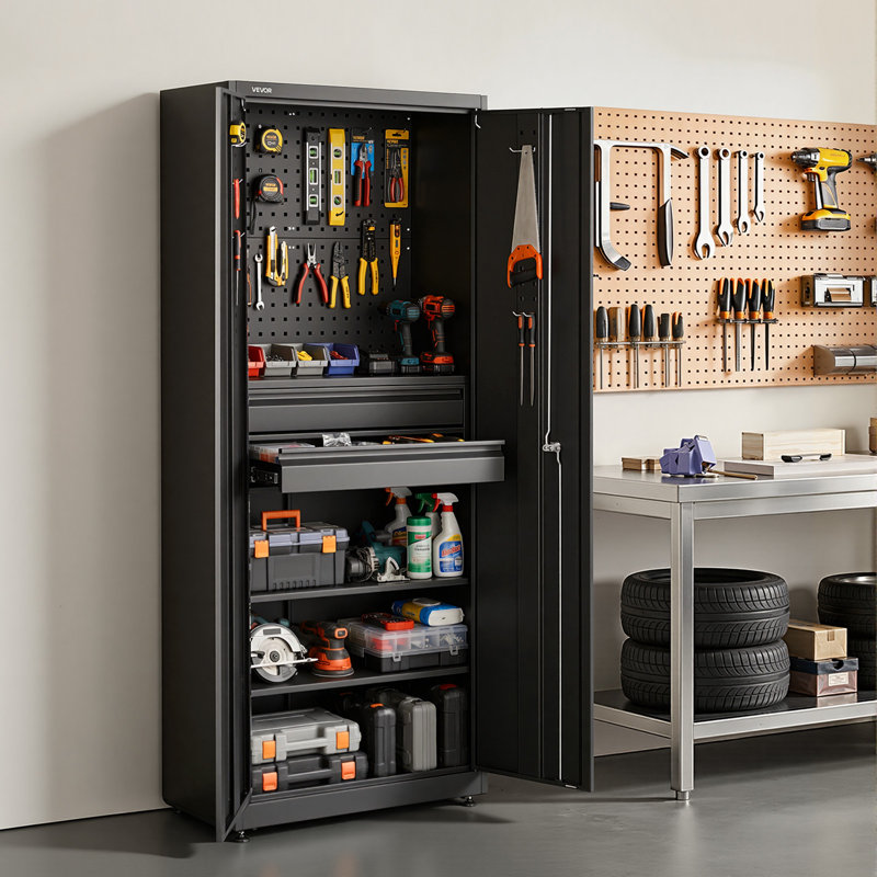 Metal Storage Cabinet, 180 lbs Shelf Load Capacity, 70.87" Tall Garage Tool Storage Cabinet with 2 Locking Doors, Adjustable Shelves, 2 Drawers, Pegboard, for Garage, Home, Office, Utility Room