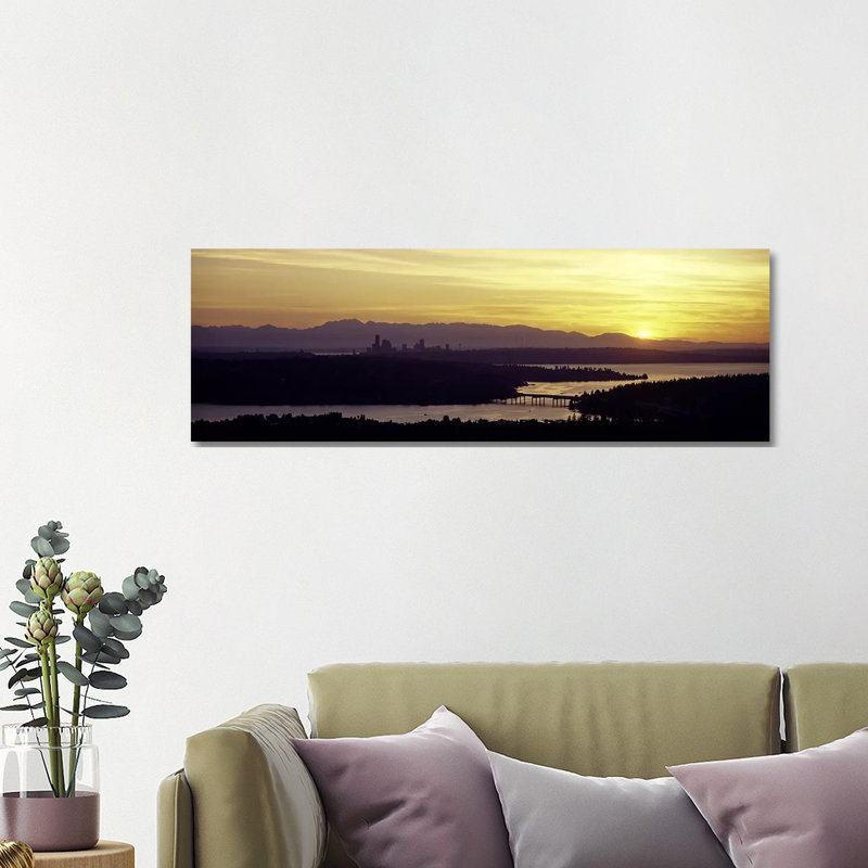 Lake In Front Of Mountains, Lake Washington, Seattle, King County - Wrapped Canvas Panoramic Print