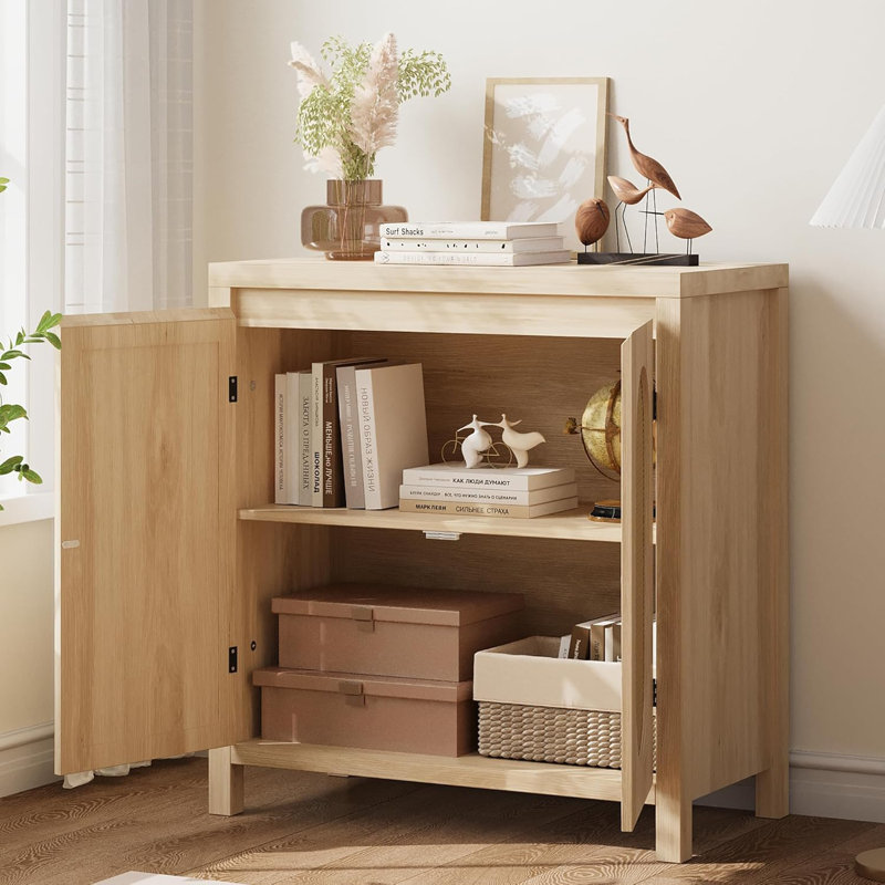 Rattan Storage Cabinet, Wooden Sideboard Buffet Cabinet With Doors And Shelves, Beige