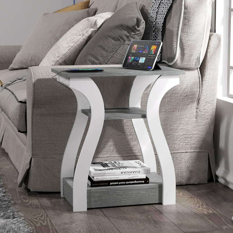 Gray and White Wood 3-Tier End Table Set with USB Charging Station