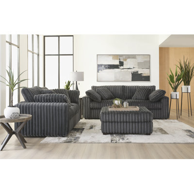 3-Piece Living Room Set - Channel Tufted Sofa, Loveseat, And Ottoman In Mondo Charcoal
