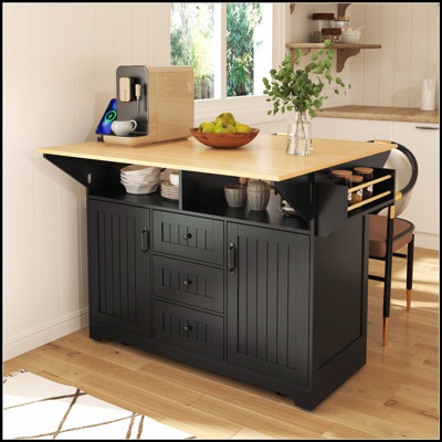 55.7'' Large Kitchen Island with 2 Drop Leaf, Rolling Cart on 5 Wheels, Power Outlet, and Spacious Storage for Modern Kitchens