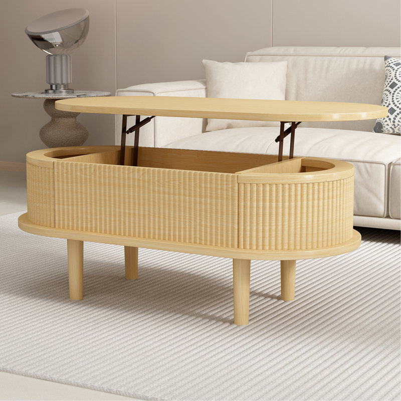 Table basse à plateau relevable avec panneaux cannelés, couleur naturelle, support hydraulique stable pour la table de la maison, rangement Mid-Century moderne, compartiments cachés