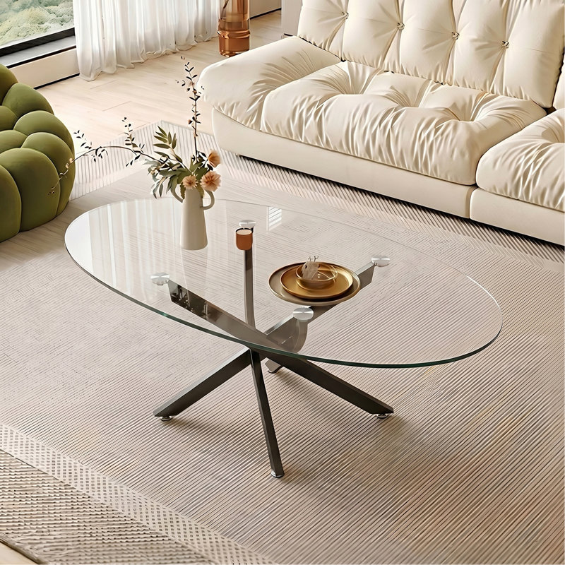Table basse OVAL, table d'appoint en verre de 39,37 po avec pieds noirs, table à thé moderne pour le salon, Noir