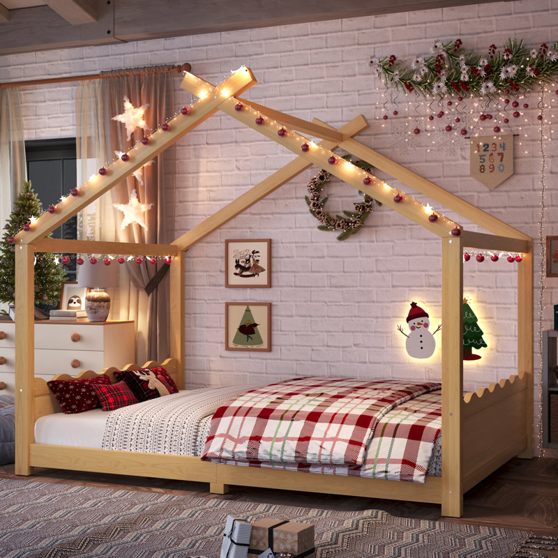 Natural Full Montessori House Bed, Solid Pine MDF & Plywood, Natural, Full