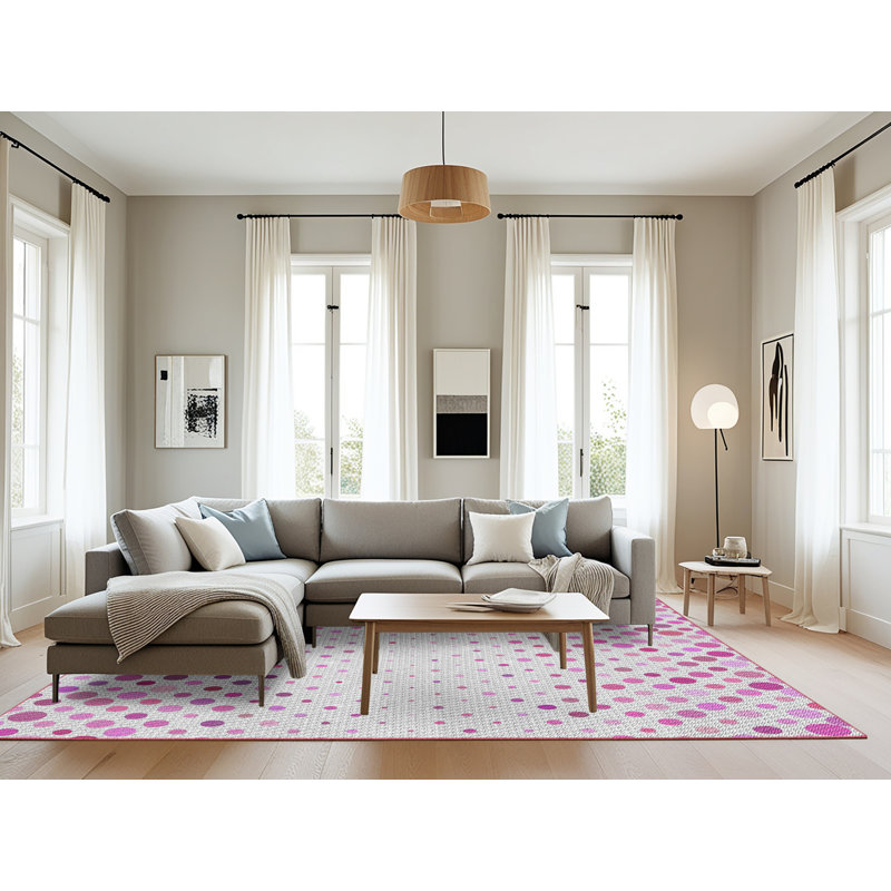 Tapis à pois blanc cassé / rose, Rectangle 8 pi x 10 pi