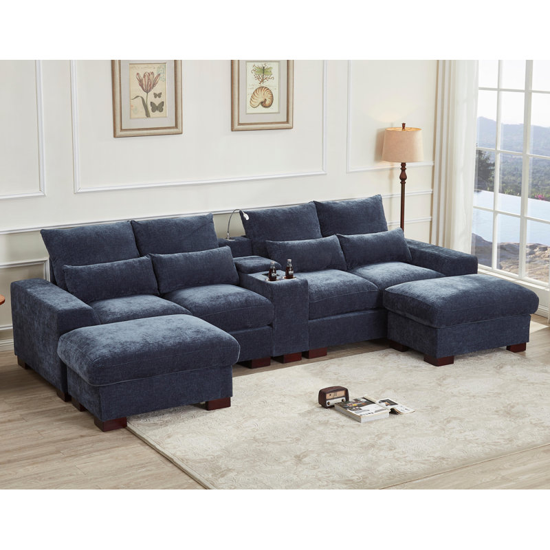 132" U Shape Sectional Sofa Cloud Couch With Removable Ottomans，USB & TYPE-C& Wireless charging, Dark Gray/Blue Chenille
