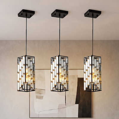 Ensemble de 3 luminaires suspendus modernes en cristal noir de 30 cm, mini luminaires réglables pour îlot de cuisine