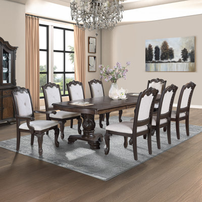 Formal 5pc Rectangular Dining Table 18" Extendable Leaf Side Chair Arm Chair Rich Dark Coffee Brown Finish Intricately Carved Double Pedestal Base Solid Wood Dining Set