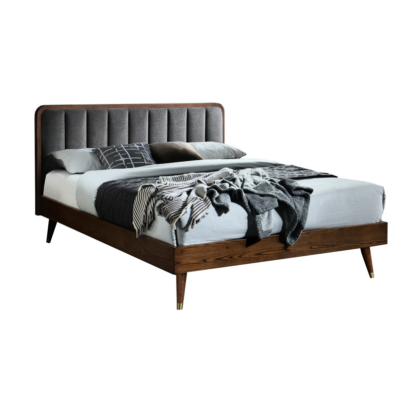 Structure de grand lit de style Mid-Century, bois d'hévéa, tête de lit tapissier en lin, assemblage facile avec aspect, bois massif et support à lattes pour matelas