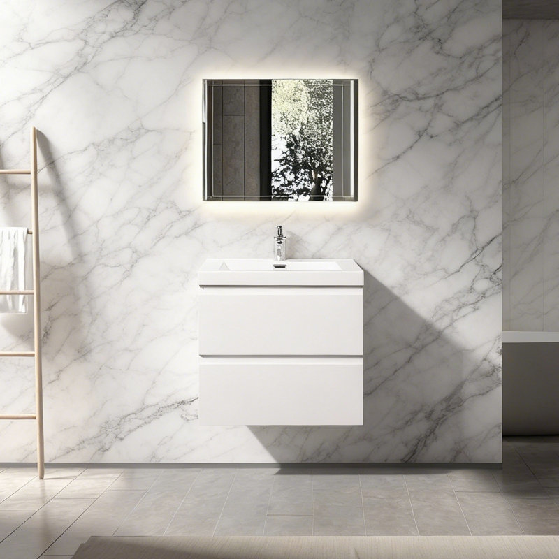 Meuble-lavabo mural 24 po blanc brillant avec comptoir simple à surface solide blanc, Blanc, 24", 1
