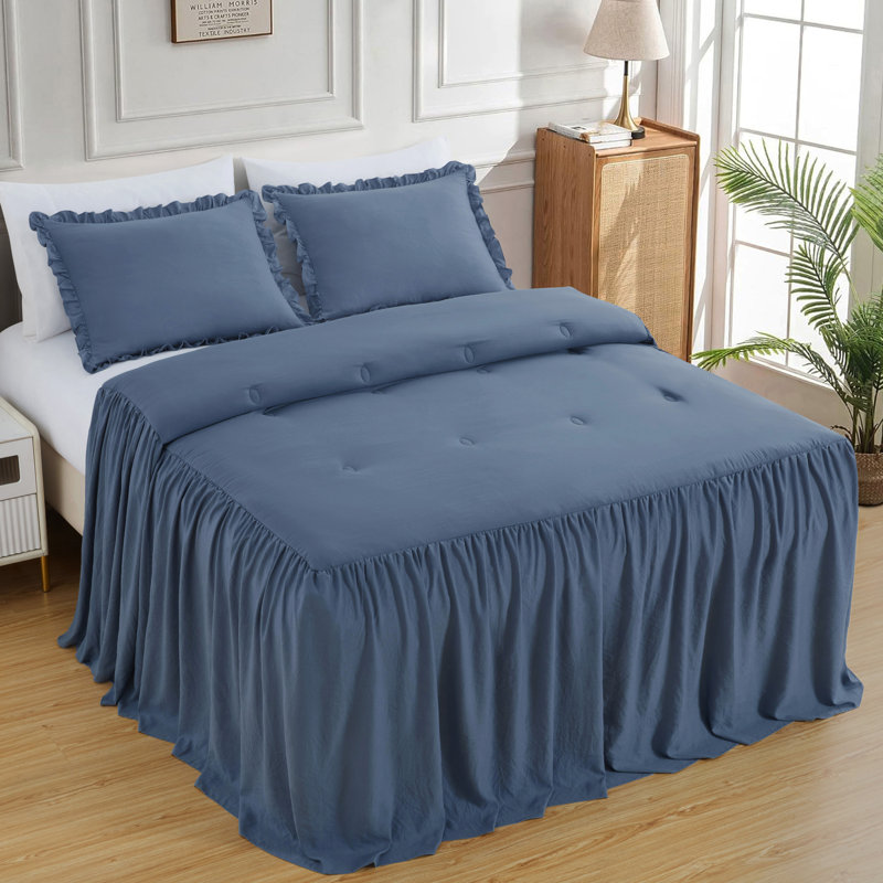 Sinclair French Country Chic Ruffle Skirt Bedspread Set, Twin Bedspread + 1 Standard Sham, Dusty Blue