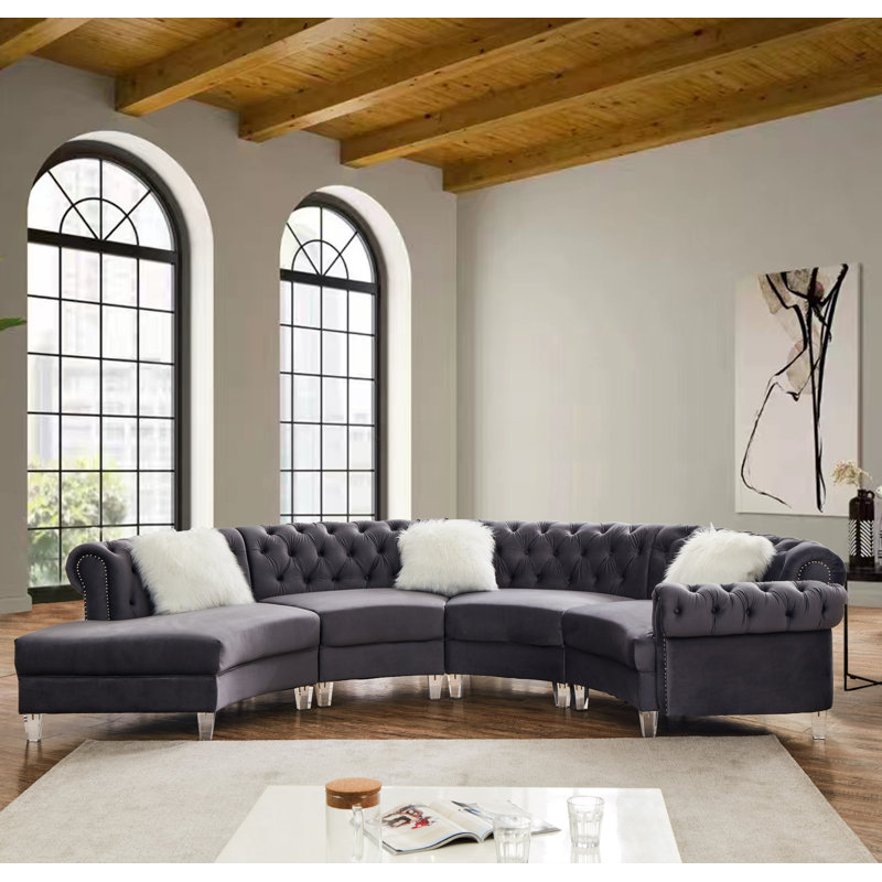 138.6'' Velvet Curved Modular Sectional Sofa, Grey Velvet