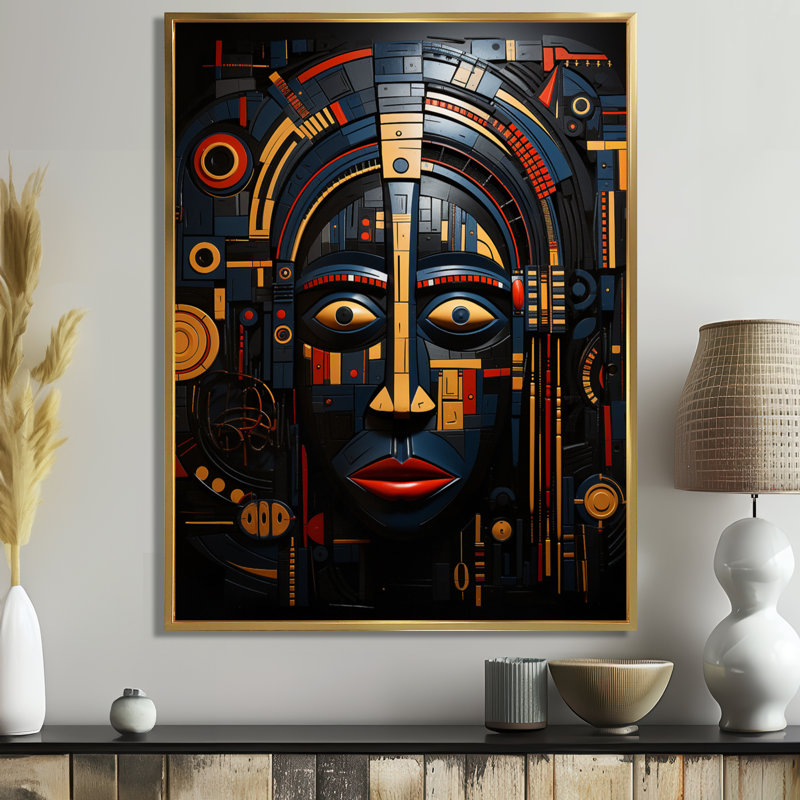 Indigène tribal masque jaune bleu - masque africain, Toile avec cadre flottant or, H 32 po x l 24 po x P 1 po