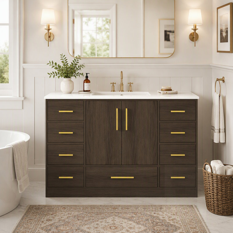Meuble-lavabo de salle de bain avec rangement abondant, portes à fermeture douce et 9 tiroirs pour un design élégant et fonctionnel