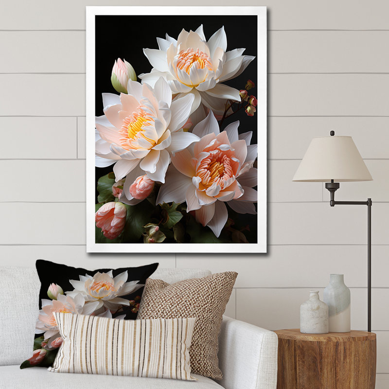 Égypte lotus en fleurs - impressions murales florales, H 32 po x l 16 po x P 1 po, Cadre photo blanc