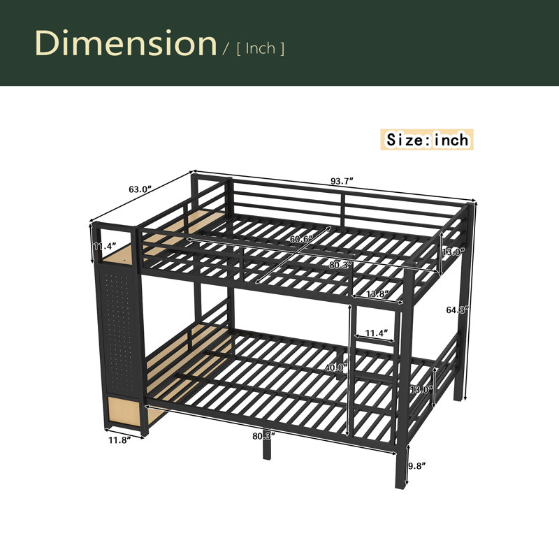 Metal Bunk Bed For Teens With Storage Shelves ,Drawers And Pegboard, Queen Over Queen