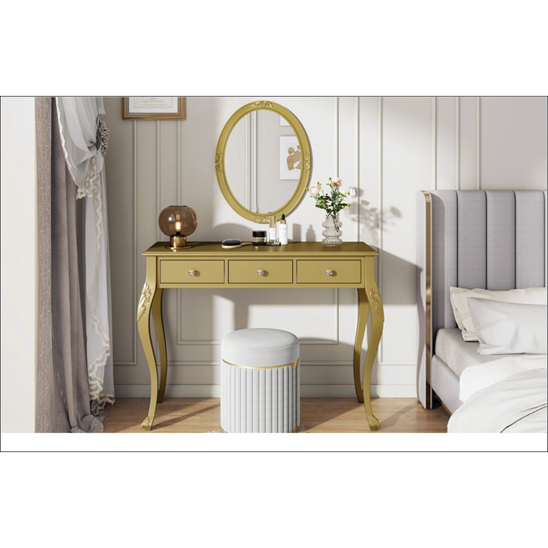 Luxury Makeup Vanity Desk with Oval Mirror, 3-Drawer Dressing Table for Jewelry Storage, Elegant Console Table for Entryway, Living Room & Bedroom, Stylish Home Decor,Gold