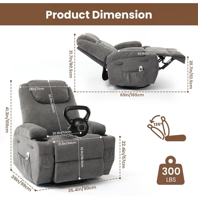 Fauteuil inclinable pivotant à 360 ° avec massage et chaleur, fauteuil oscillant électrique pour le salon, chambre de bébé