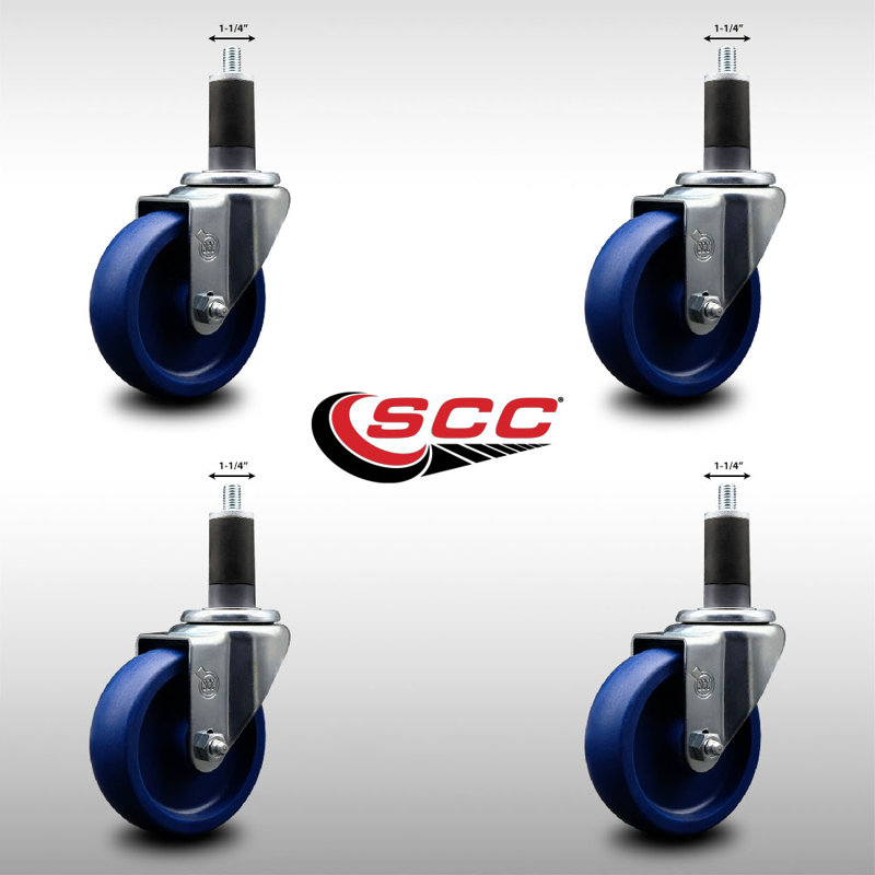 4 Inch SS Solid Poly Wheel Swivel 1-1/4 Inch Expanding Stem Caster Set SCC