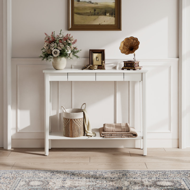 Solid Wood Console Table with Drawers, Mid Century Modern Entryway Table for Living Room and Hallway, White